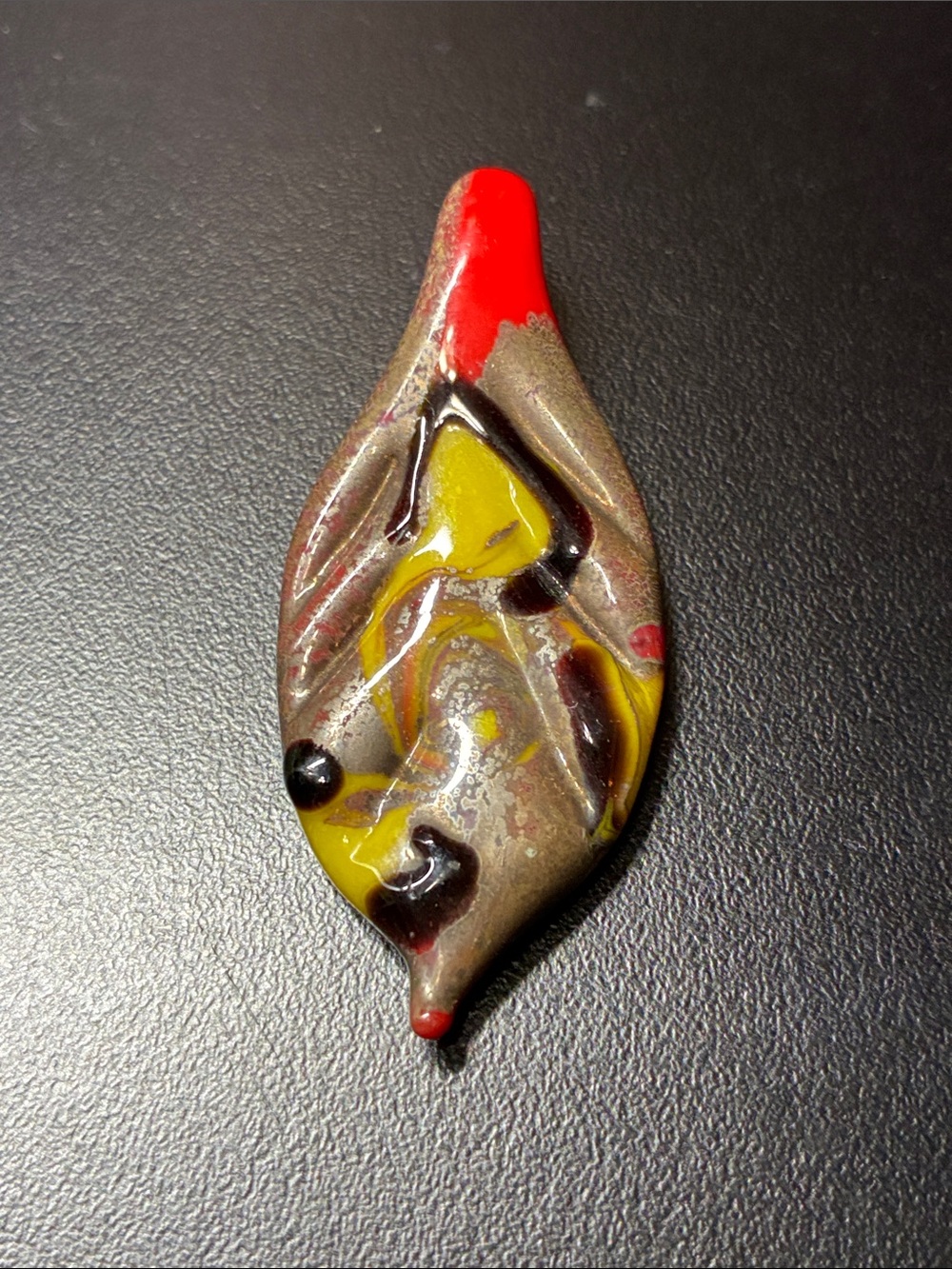 Handmade Murano Glass Pendant — Red, Yellow, Brown Swirl